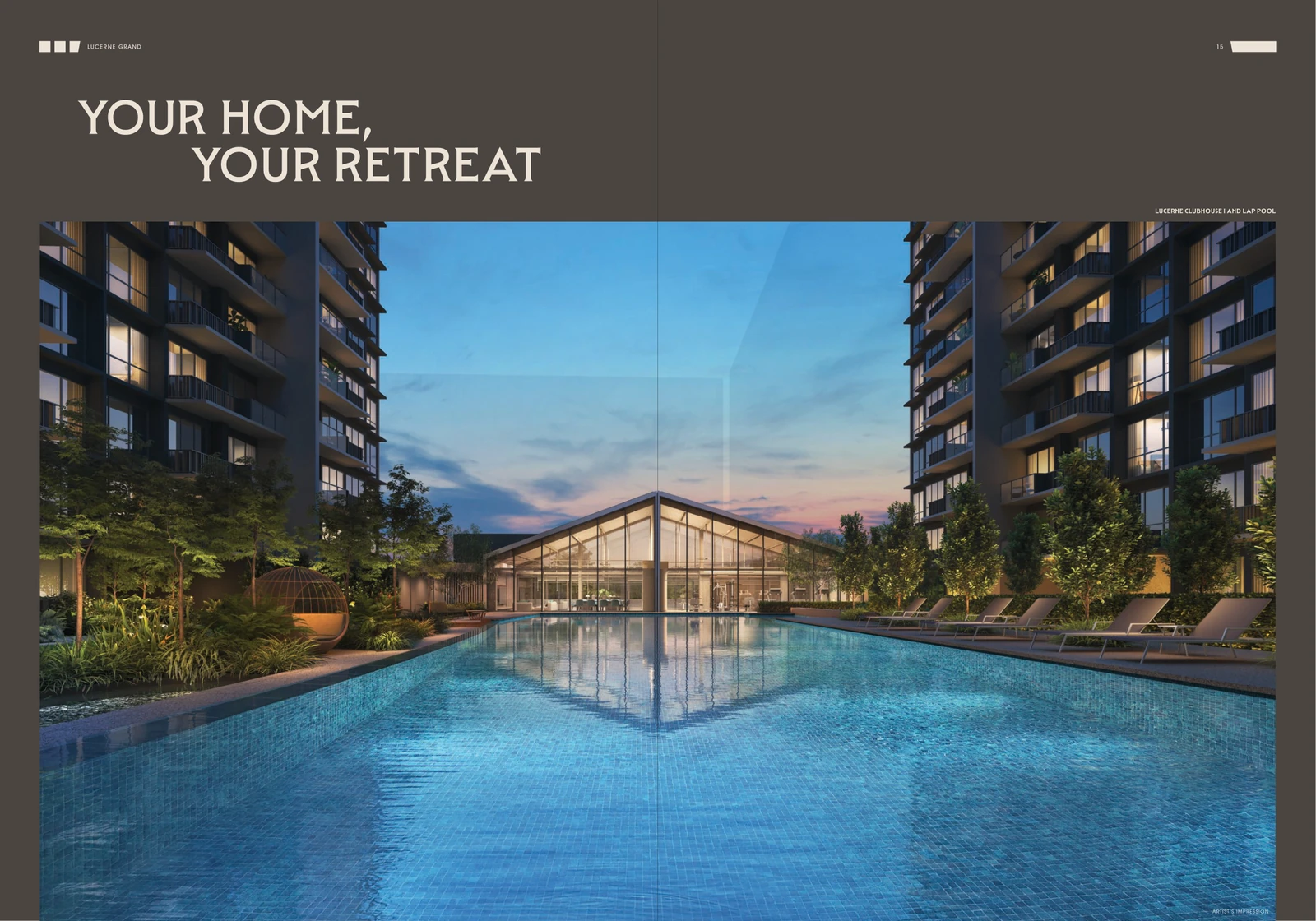 Artist’s impression of Lucerne Clubhouse I and the lap pool between residential towers