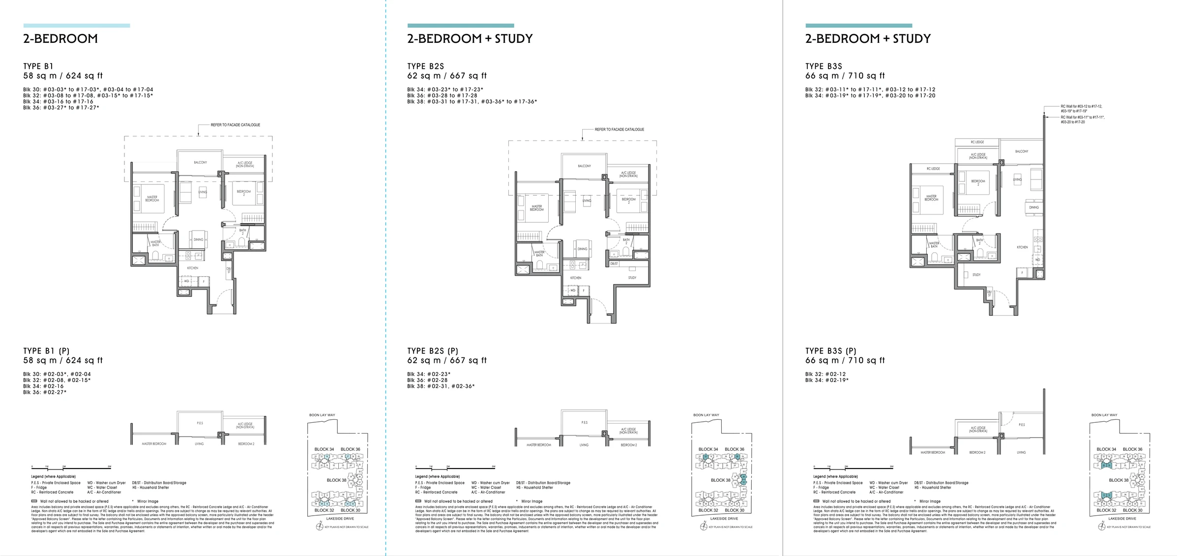 Lucerne Grand floor plans for B1, B2S, B3S, with original legends and plan notes