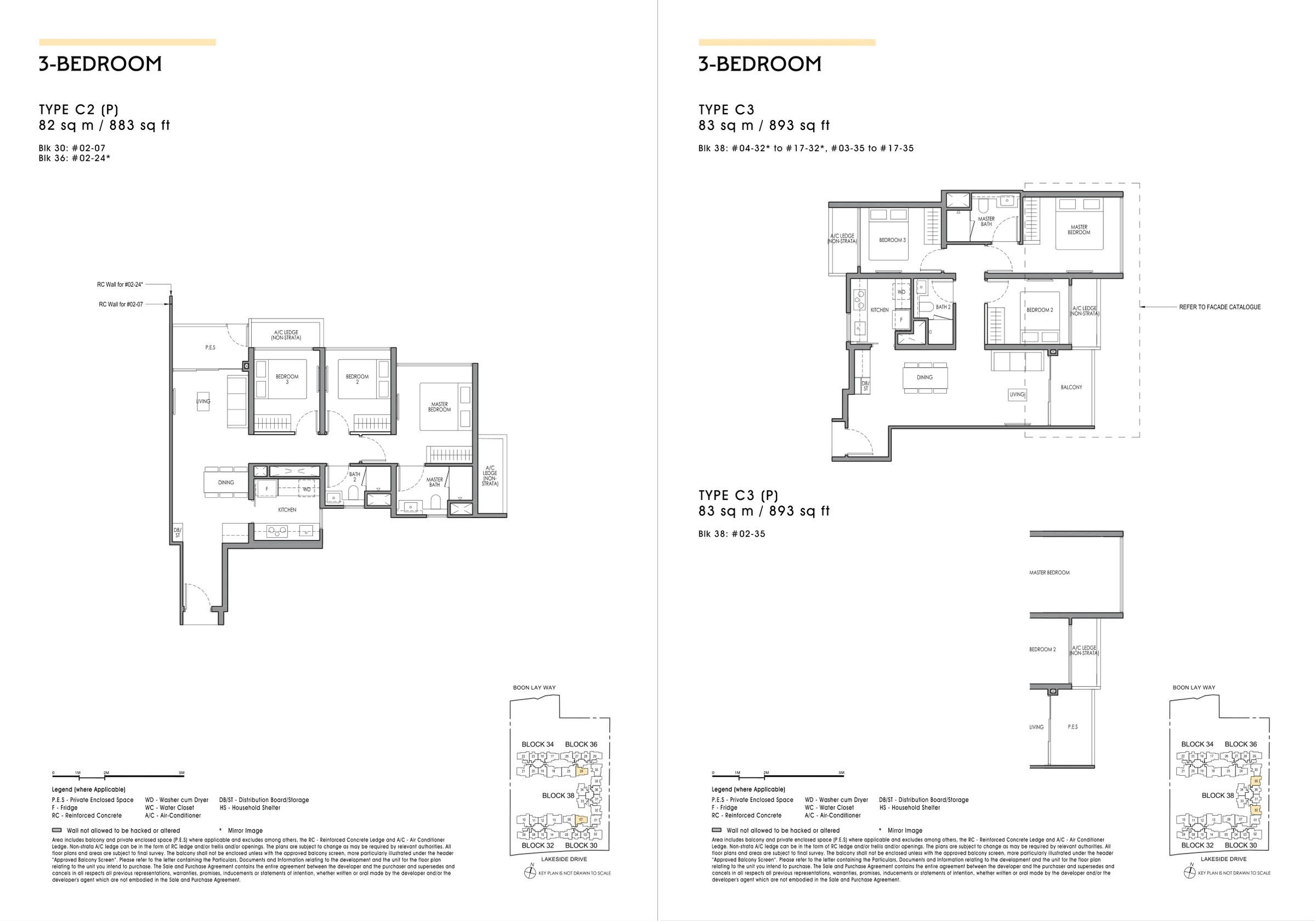 Lucerne Grand floor plans for C2 (P), C3, C3 (P), with original legends and plan notes